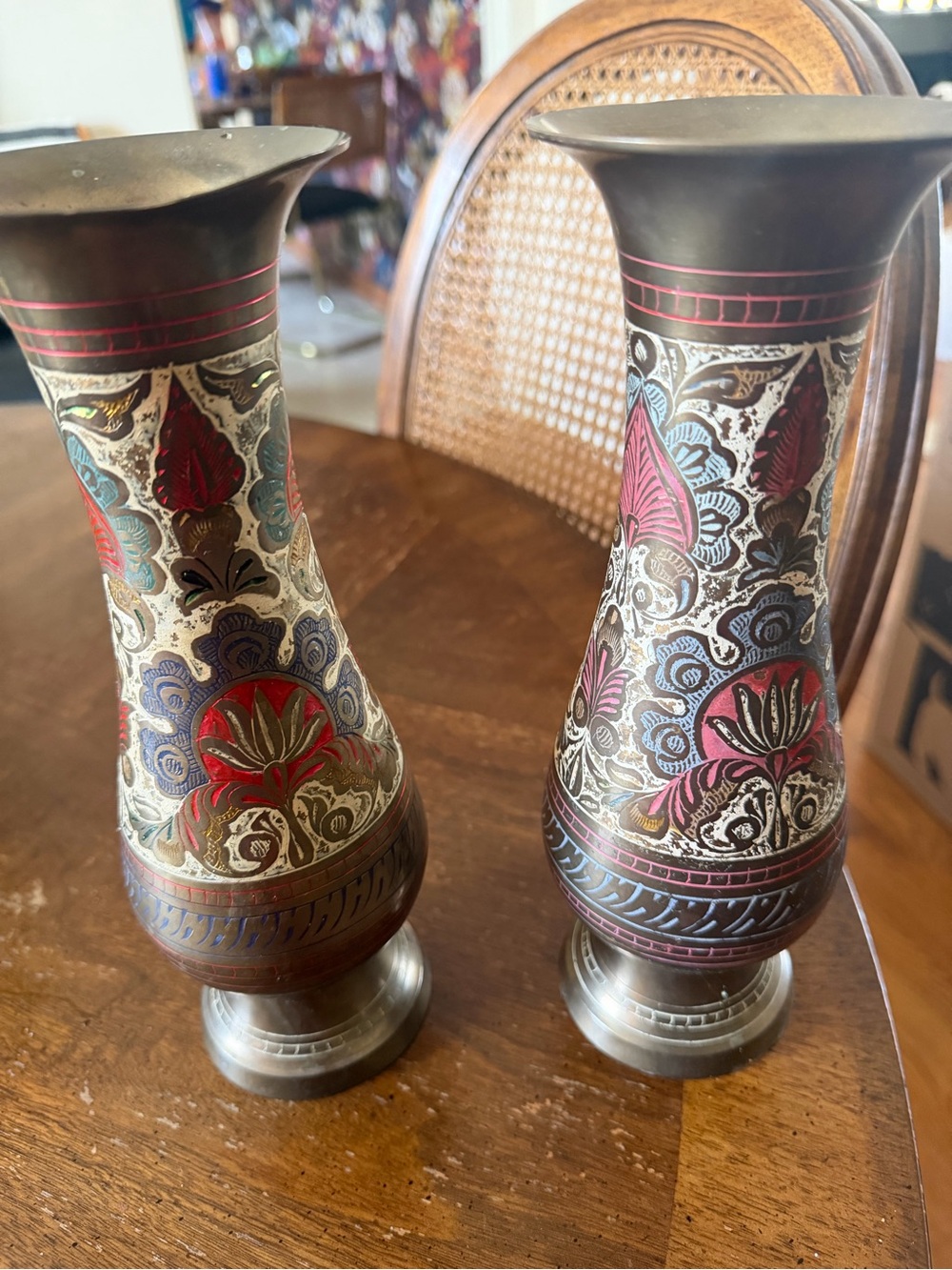 Vintage etched painted brass Vases